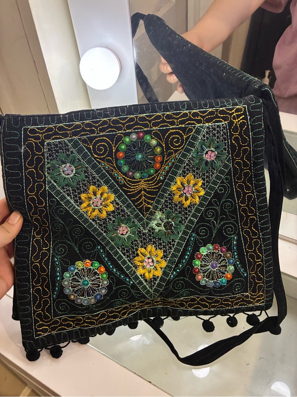 Black Embroidered Velvet Shoulder Bag with Colorful Bead Accents